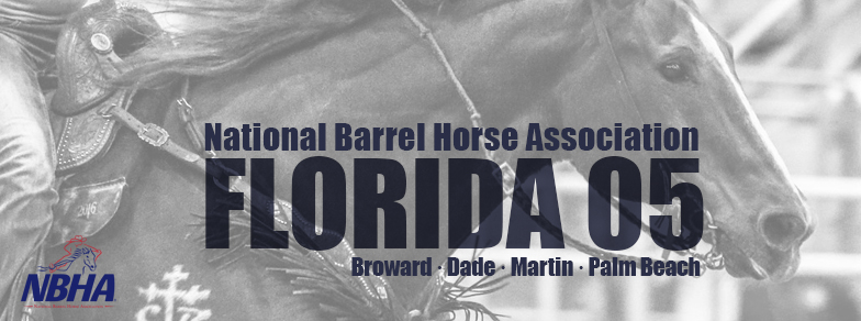 NBHA Florida Distict 05 logo superimposed over a horse in the midst of a barrel run